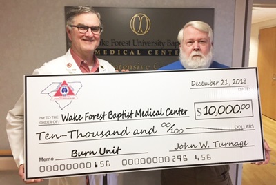 American Fire Sprinkler Association presents check for $10,000 to Wake Forest Baptist Health Burn Center