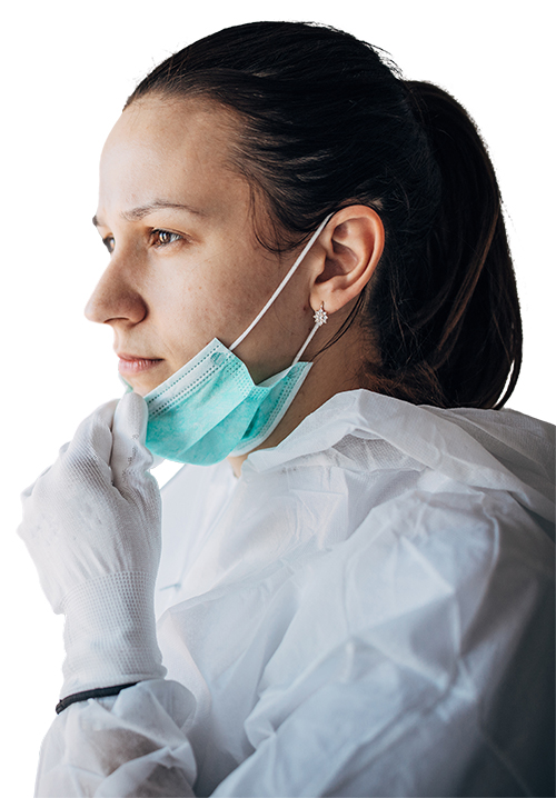 Female doctor gowned up with gloves and mask