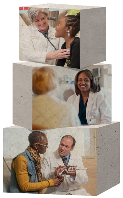 illustration of three stacked granite-looking blocks with photos superimposed on them