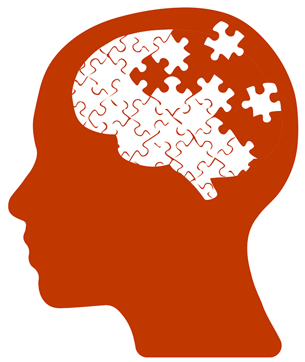 Orange silhouette of a human head with brain as white puzzle pieces