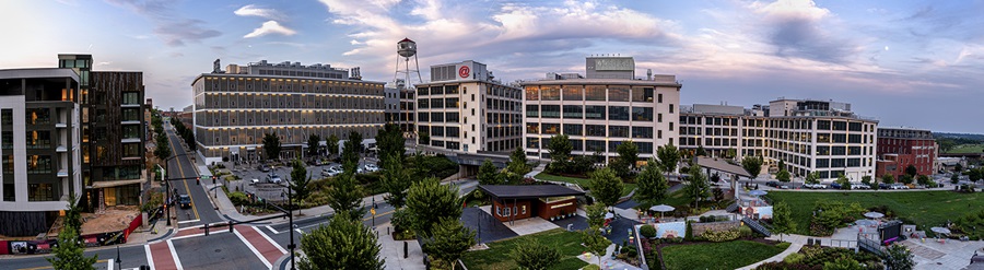 Panoramic aerial view of Wake Forest School of Medicine buildings in Innovation Quarter in Winston-Salem, NC