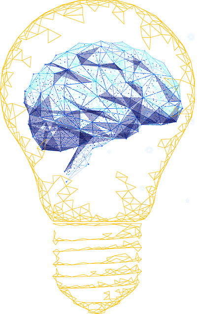 Graphic of a grey and white brain inside of a yellow-outlined lightbulb