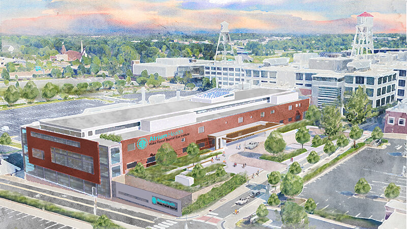 Architect rendering of large white building against blue sky