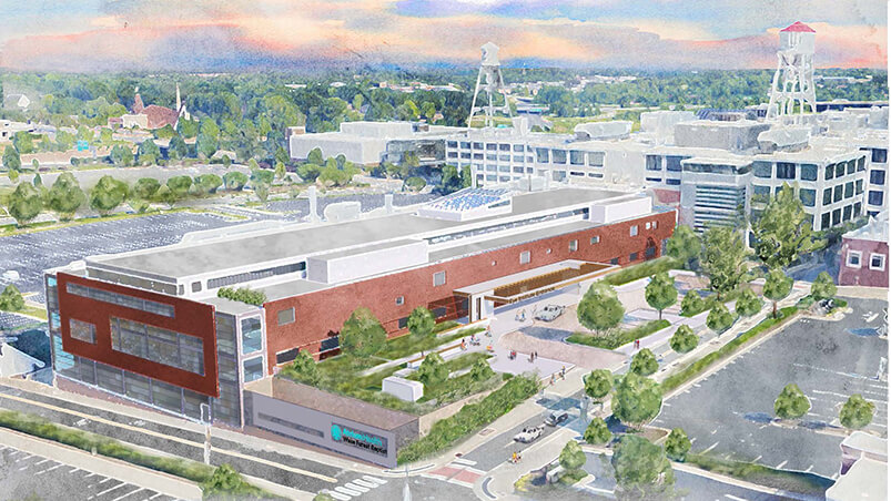 Architect rendering of large white building against blue sky