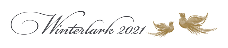 The words 'Winterlark 2021' in a script font and two gold illustrated birds