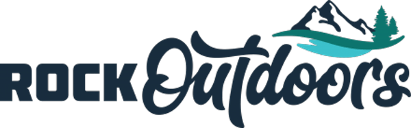 A blue and green text logo for Rock Outdoors.