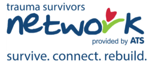 A red, green and blue text logo that reads" Trauma Survivors Network Provided by ATS. Survive. Connect. Rebuild.".
