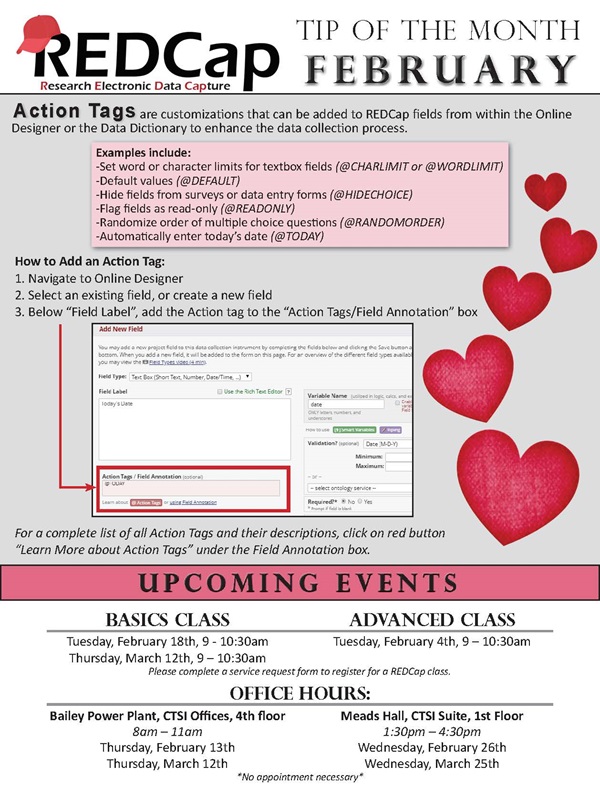 REDCap February Tip of the Month poster: Action Tags