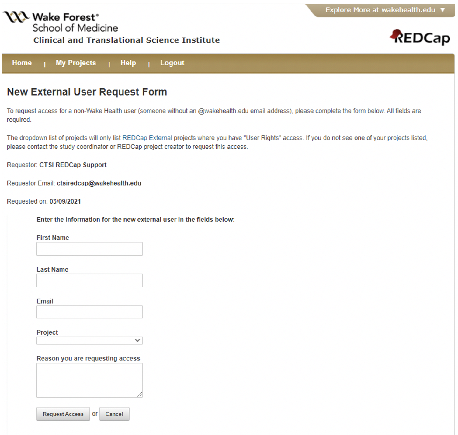A page will appear titled 'New External User Request Form.' Enter information for the external account needed.