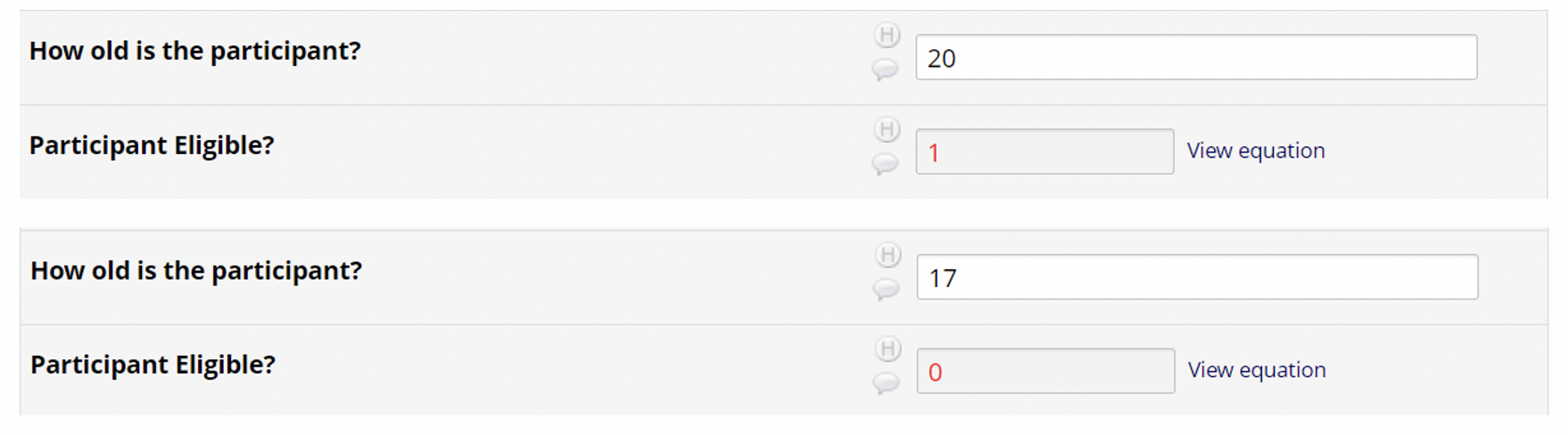 Screenshot with output examples: 'How Old is the Participant? 20; Participant Eligible? = 1.' and 'How Old is the Participant? 17; Participant Eligible? = 0.'