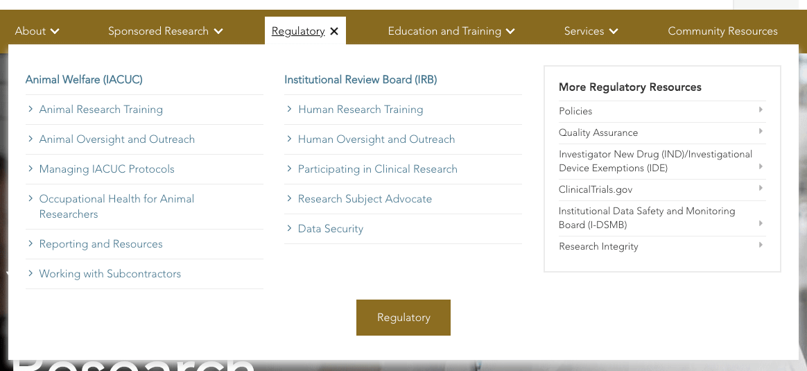 Regulatory dropdown menu showing all regulatory pages