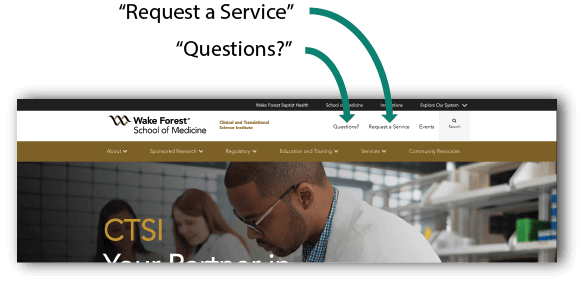 Image showing 'Questions?' and 'Request a Service' button locations in header. 