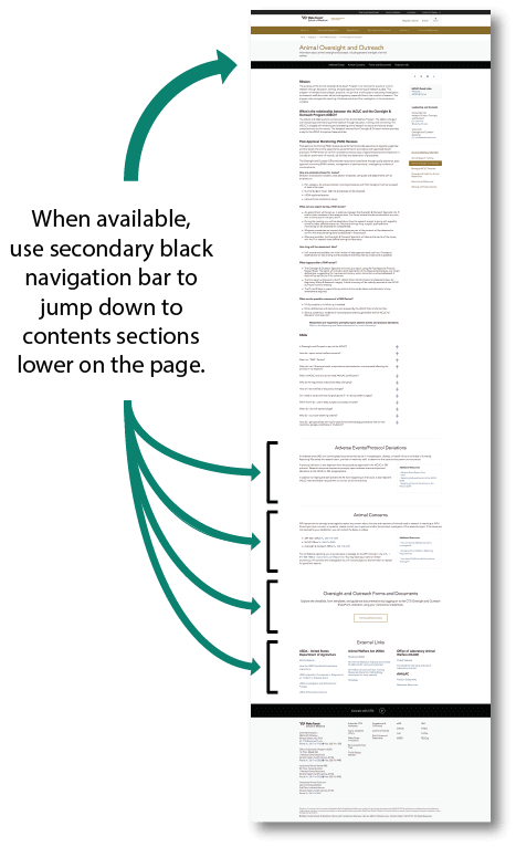 When available, use secondary black navigation bar to jump down to  contents sections lower on the page. 