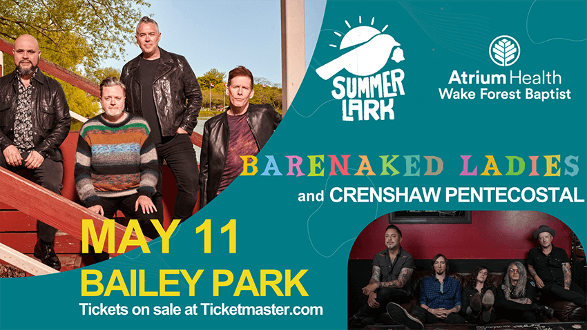 A teal advertising graphic for SummerLark showing images of Barenaked Ladies and Crenshaw Pentecostal.
