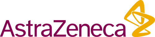 A purple and yellow text logo for AstraZeneca.