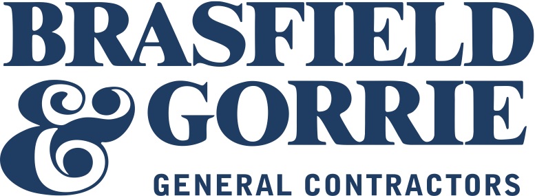 A dark blue text logo for Brasfield and Gorrie General Contractors.