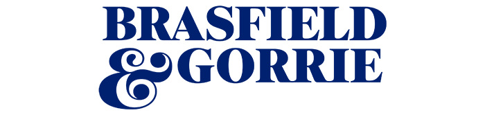 A dark blue text logo for Brasfield and Gorrie General Contractors.