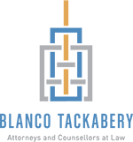 A grey, yellow and blue outline of a building with blue lettering that reads Blanco Tackabery.
