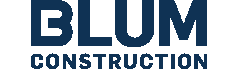 A blue text logo for Blum Construction.