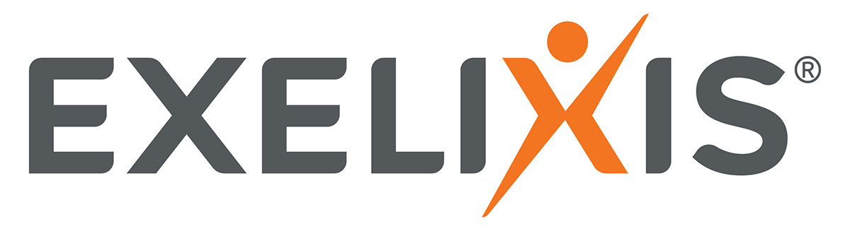 A gray and orange text logo for Exelixis.