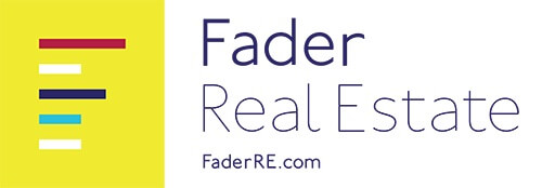 A yellow, white, red, black and teal logo that reads Fader Real Estate.