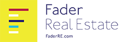 A logo with blue text and a yellow, blue and red graphic representing Fader Real Estate.