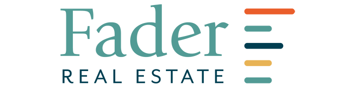 A logo with blue text and a yellow, blue and red graphic representing Fader Real Estate.