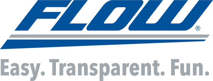 A blue and gray logo for Flow Auto with the text "Easy. Transparent. Fun." in gray under the word "Flow".