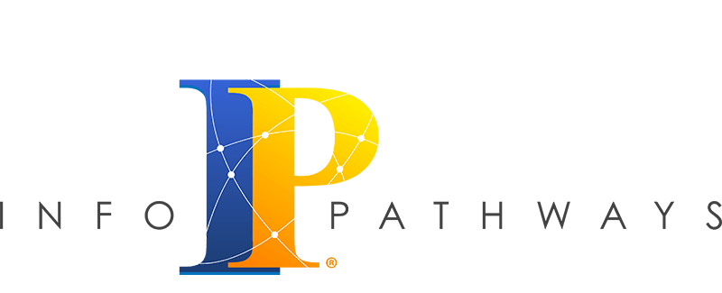A blue and gold text logo for Info Pathways.