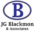 A white logo with blue and black lettering that reads JG Blackmon & Associates.