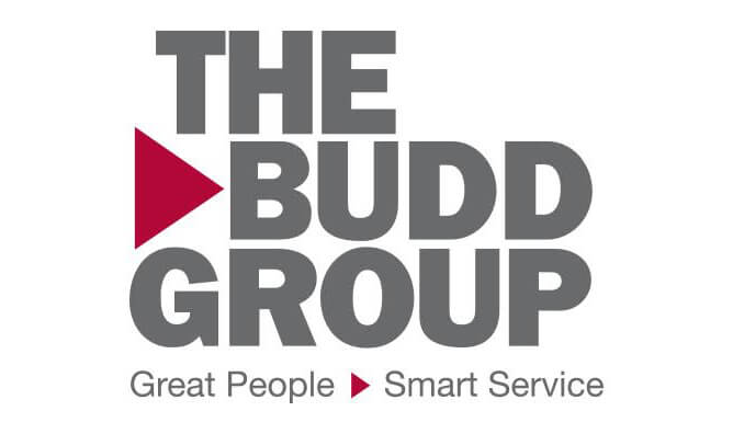 A red and gray text logo for The Budd Group.