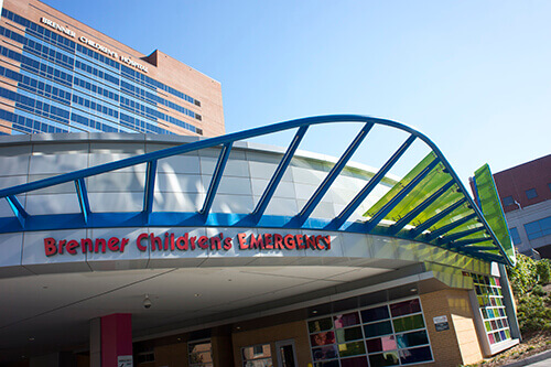 The exterior of a building with a sign that reads Brenner Children's Emergency.