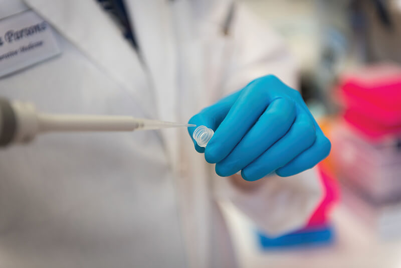 Gloved hands using medical equipment.