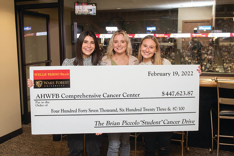 Three young women holding a large check.