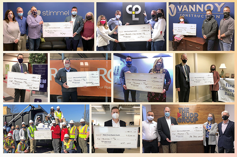 Collage of 10 images of people wearing masks and holding oversized checks in their various places of business