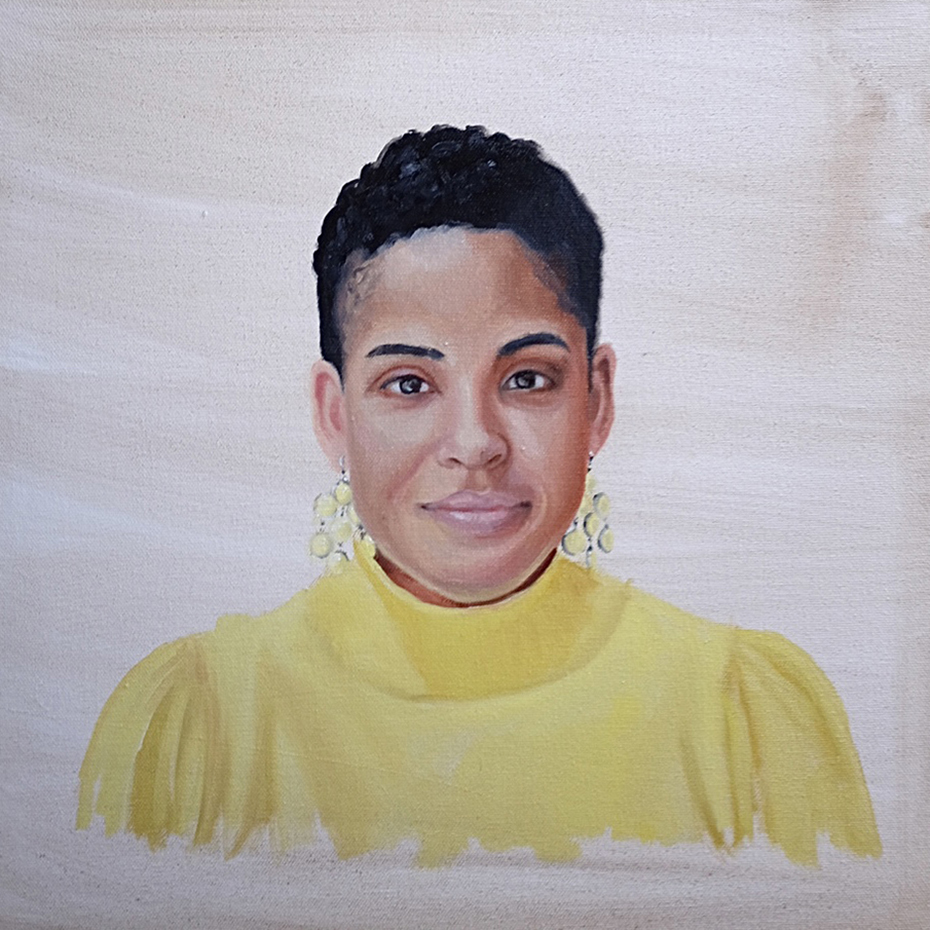 Drawn portrait of a Black woman with short dark hair and wearing a yellow blouse