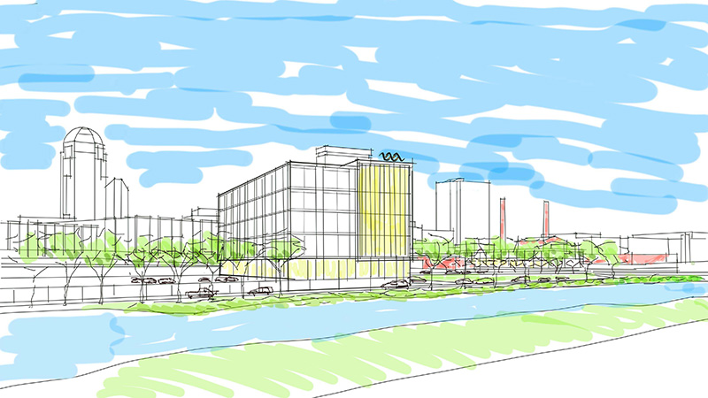 Drawing of a large white building in a city skyline