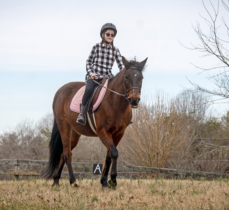 A girl in a black and white checked shirt and helmet rides a brown horse