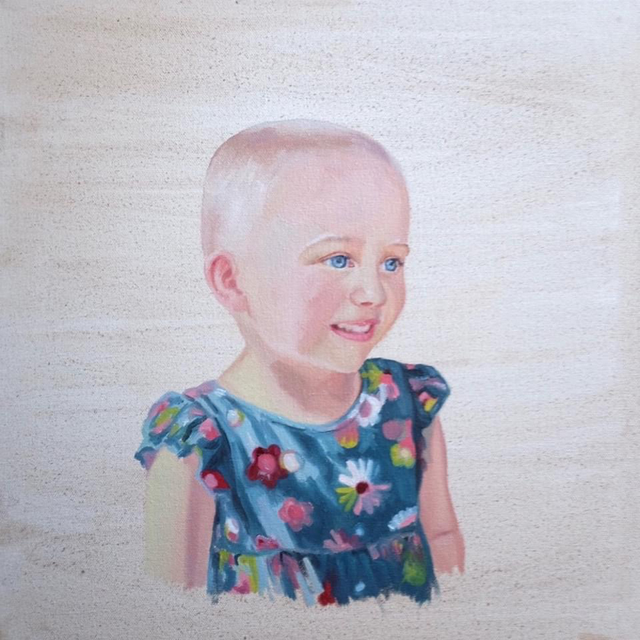 Drawn portrait of a young girl with no hair and wearing a print dress