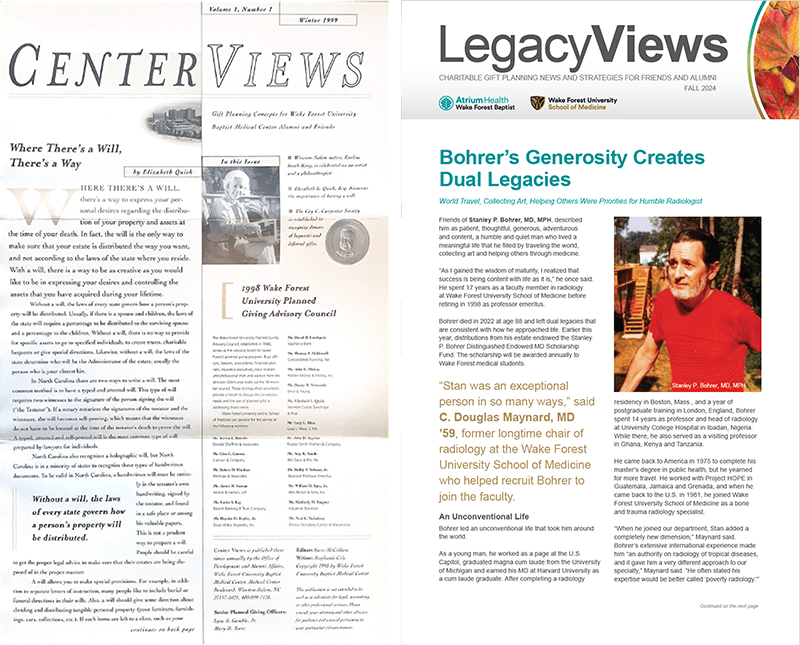 The front page of the CenterViews publication and the LegacyViews publication side-by-side.