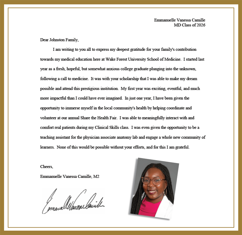 Johnston Scholar Letter of Gratitude