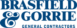 A blue text logo for Brasfield and Gorrie General Contractors.