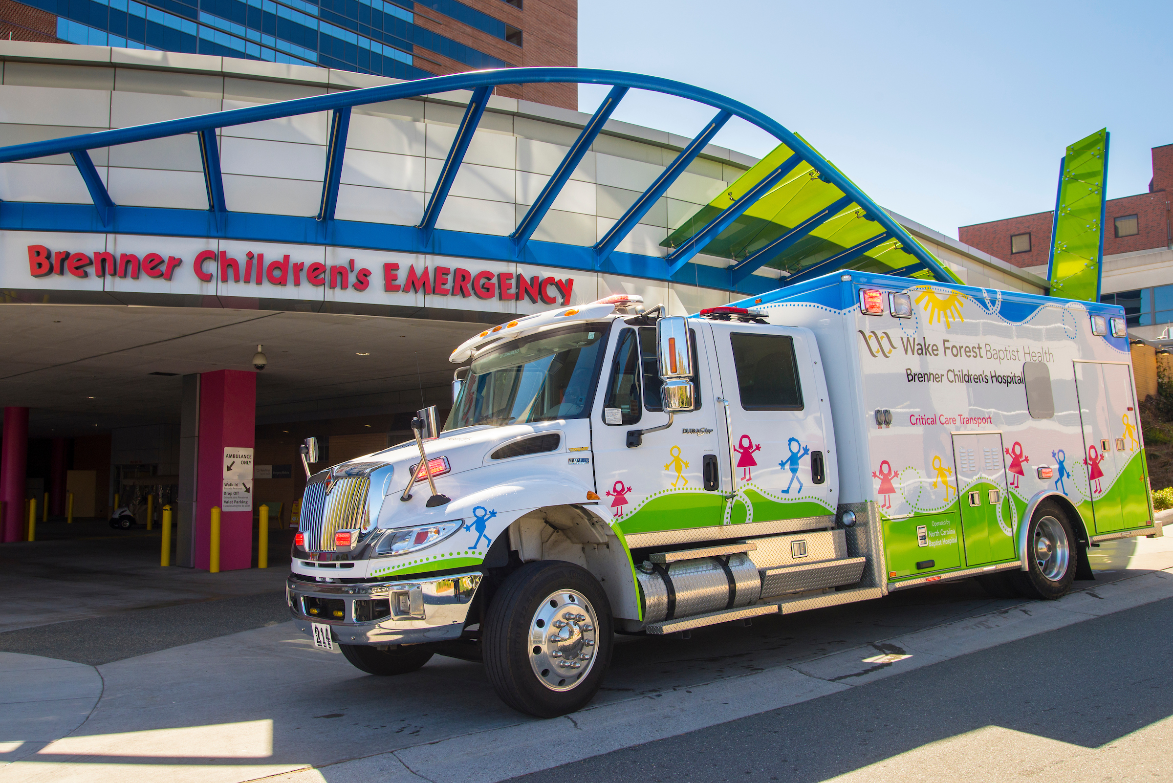 Brenner Children's ambulance outside of the emergency department. 