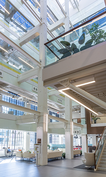 View looking up into the atrium at Bowman Gray School of Medicine