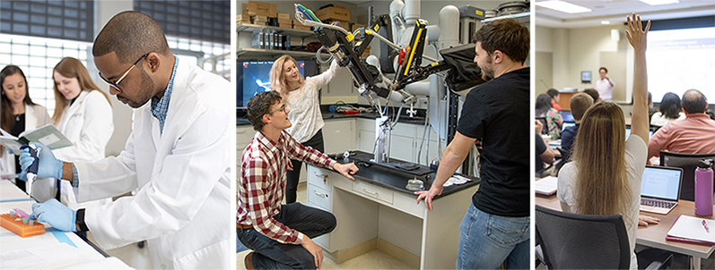 Collage of three photos showing School of Medicine students working in the lab, examining equipment, and raising a hand in a lecture classroom