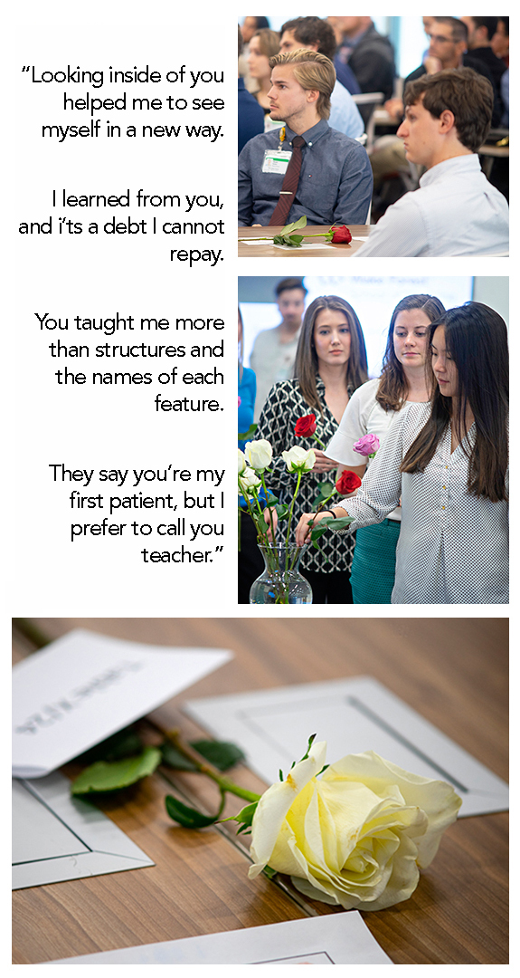 Collage of MD students participating in a rose ceremony honoring those who donated their bodies to be used for research and education.