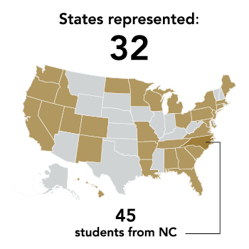 map image of United States with 32 states MD students are from colored gold