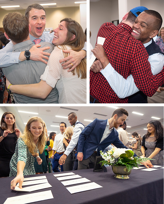 Members of the MD Class of 2019 find their Match Day envelopes and celebrate after finding out where they will complete residencies