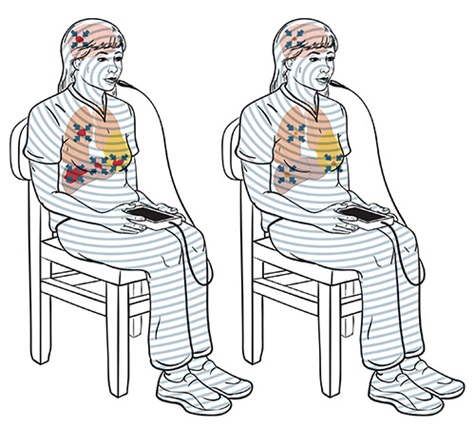 line drawing of two females sitting in chairs, with lines indicating where radio waves would be while using device