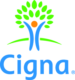 Multicolor logo with 'Cigna' in blue text at the bottom with a line drawing that could be a tree or a person with arms in the air